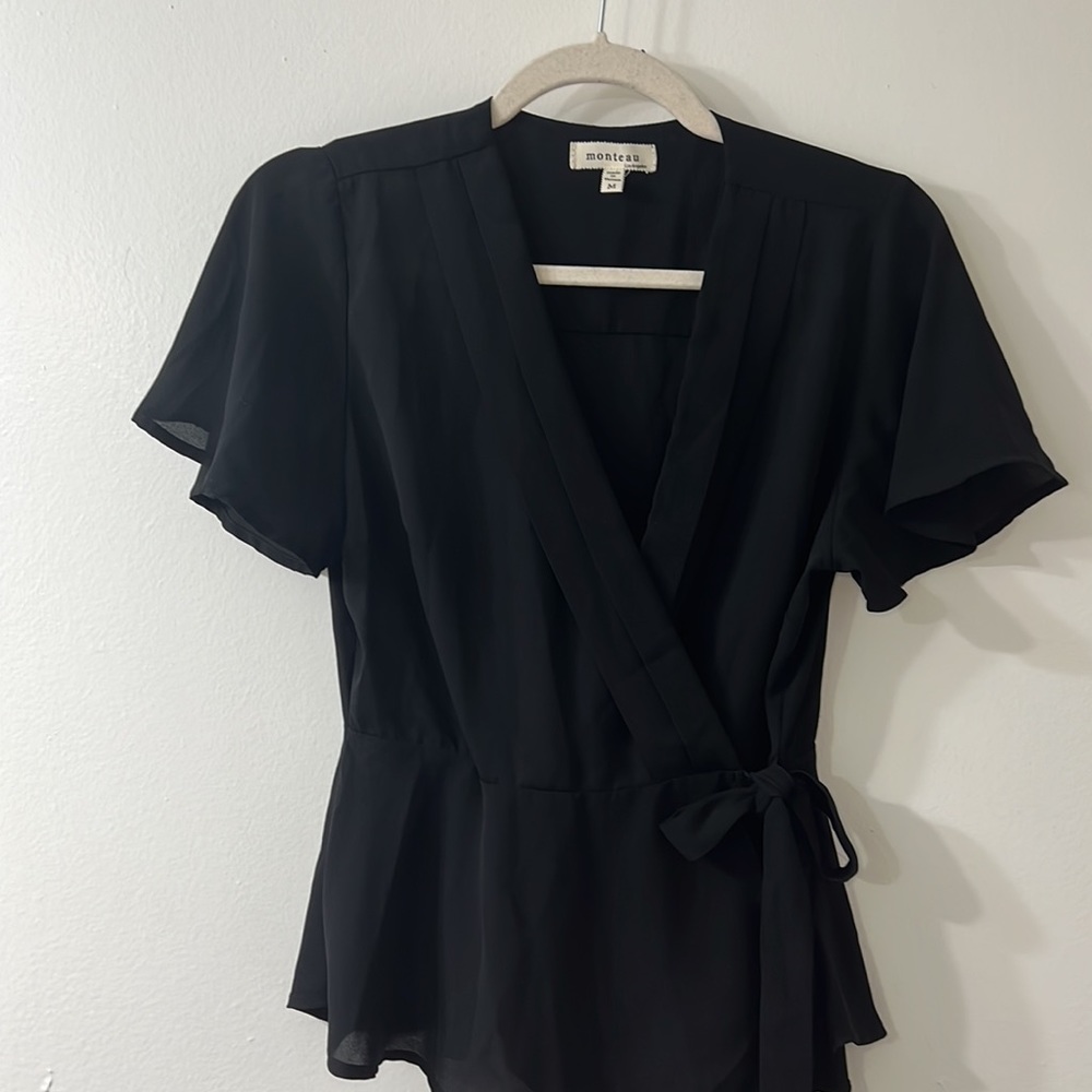 Monteau Black Peplum Cross Body Top | Size M